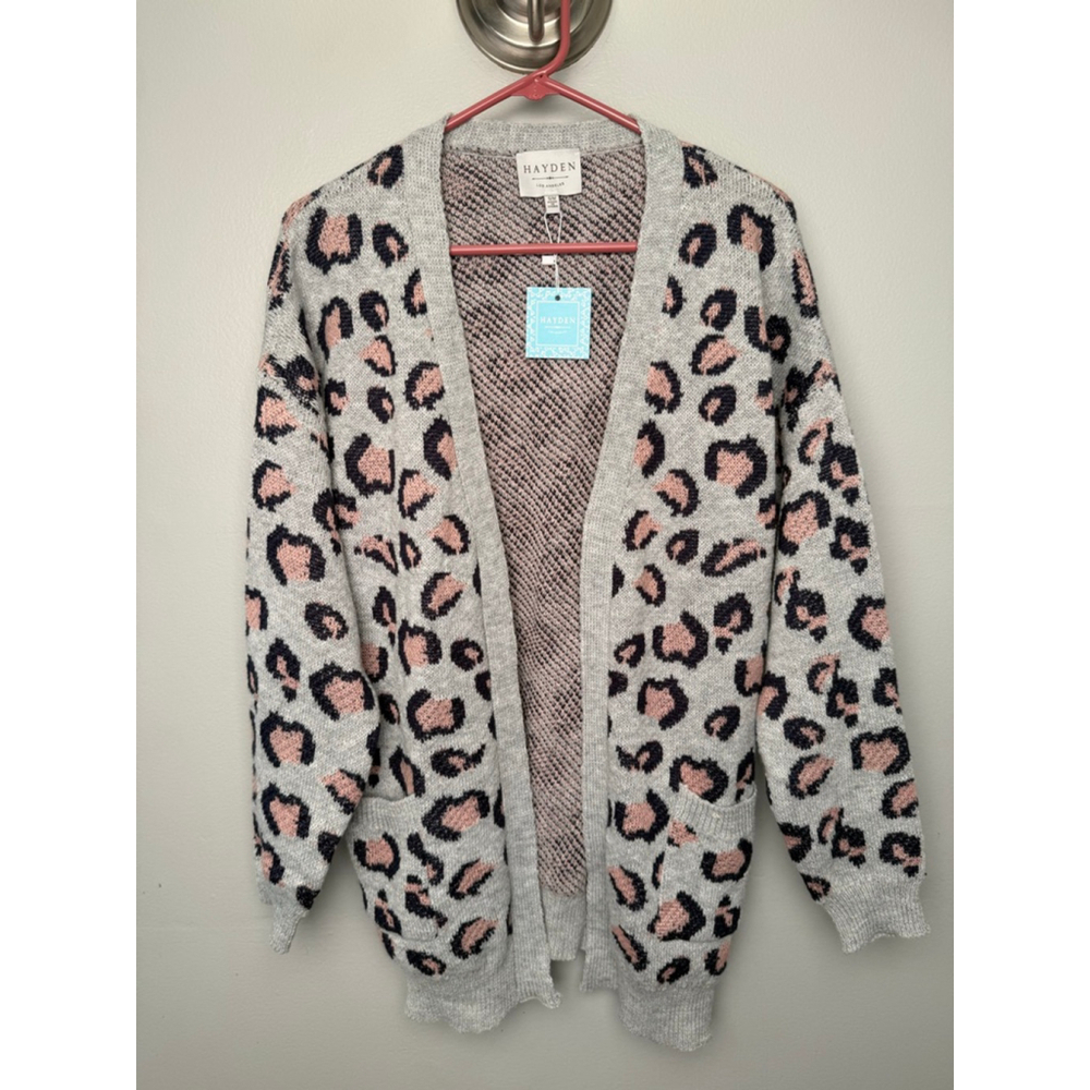 Women's Hayden Grey Pink Leopard Print Open Front Cardigan S